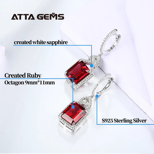 ATTAGEMS Ruby Real Sterling Silver Earring for Women Charming Style Created Sapphire 12 Carats Octagon Cut Wedding Jewelry Gifts