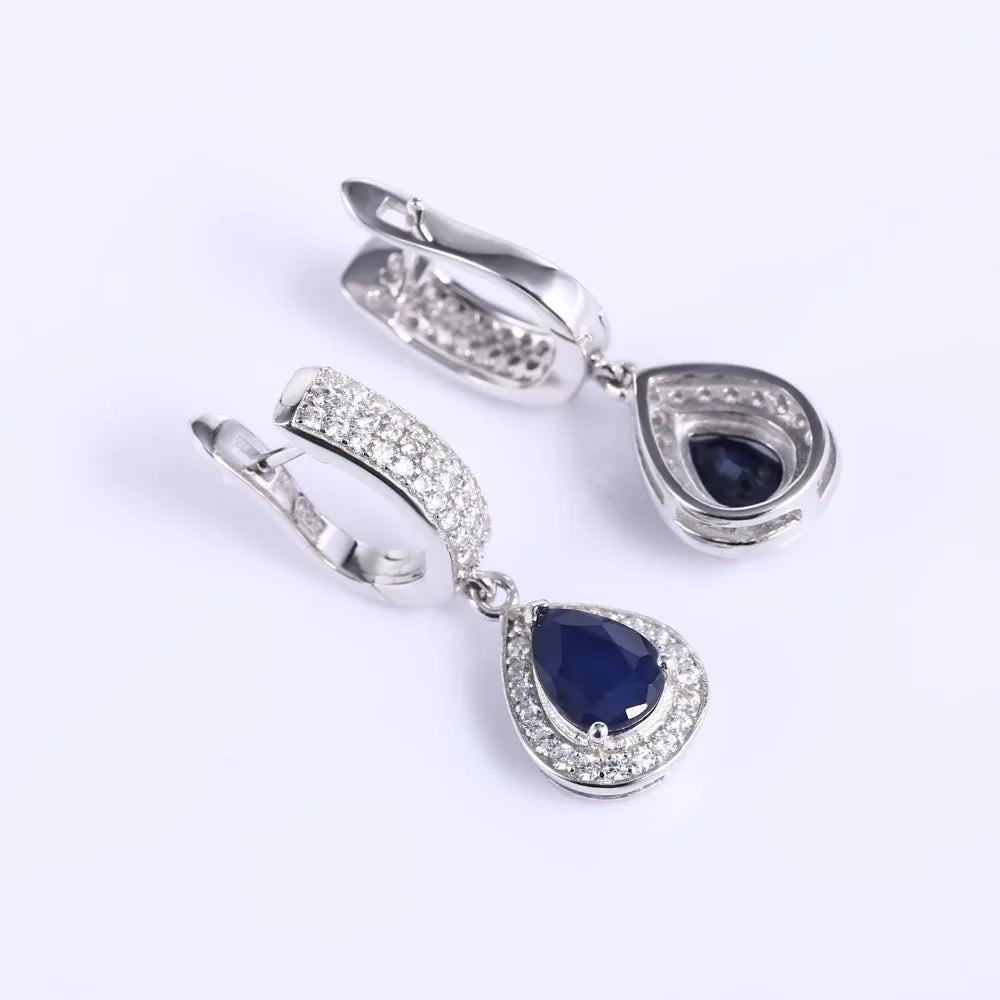 September birthstone sapphire drop earrings vintage halo design