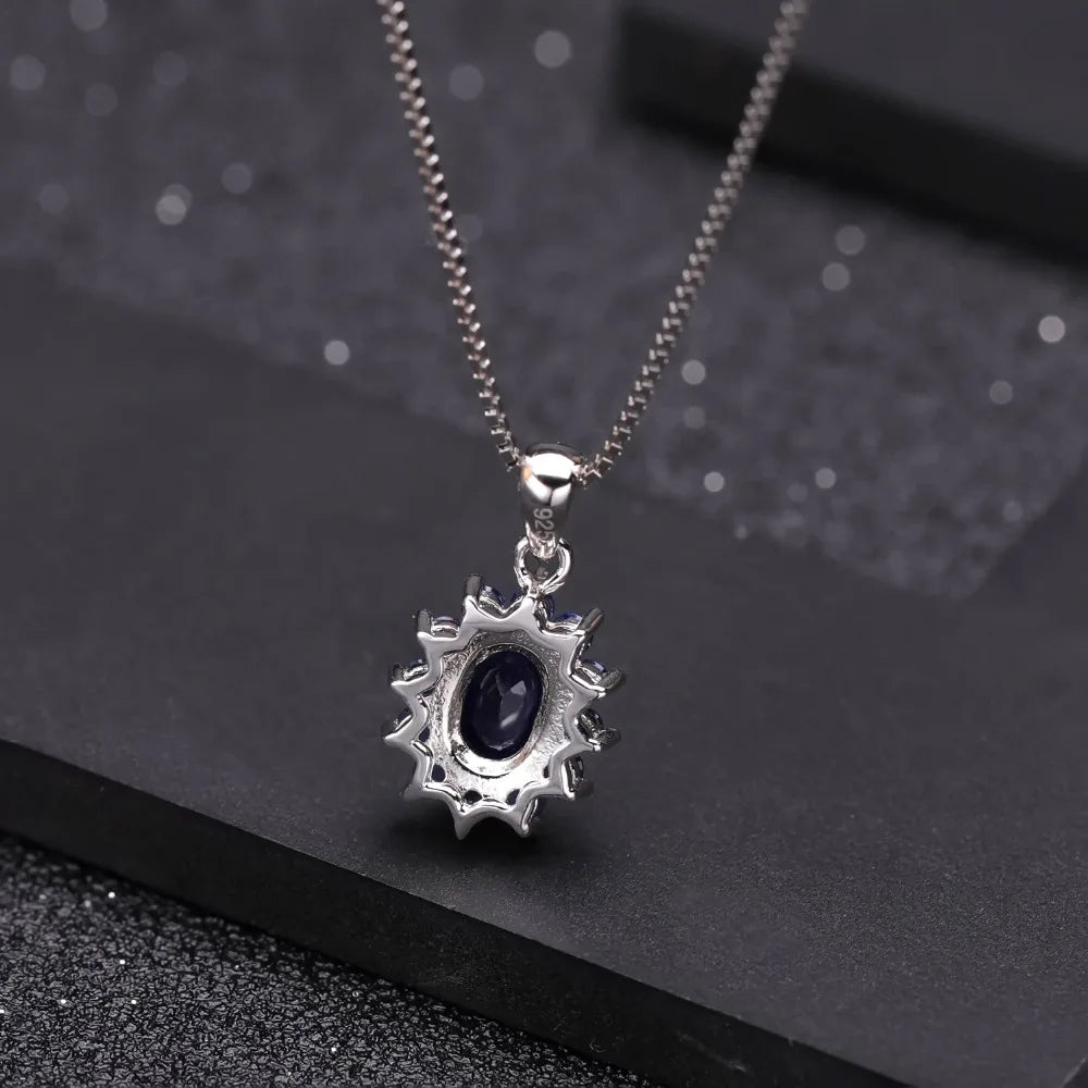 September birthstone blue sapphire necklace with vintage halo pendant
