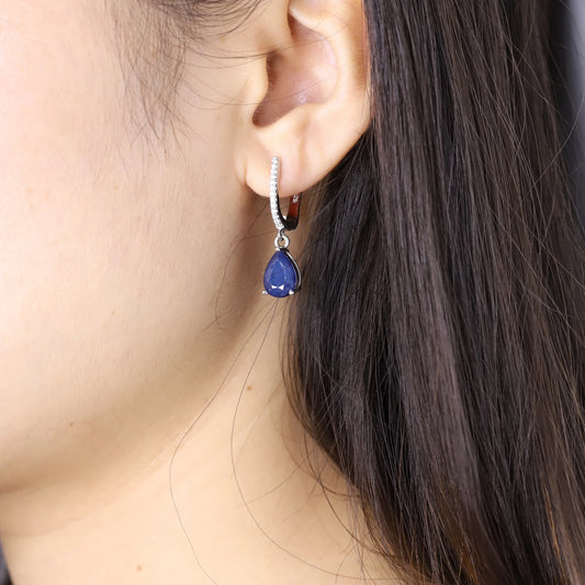 September birthstone blue sapphire drop earrings vintage halo style