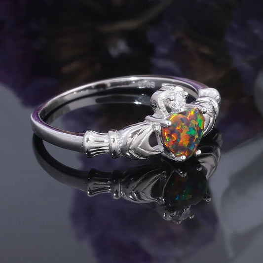 October birthstone opal heart claddagh ring in 925 sterling silver