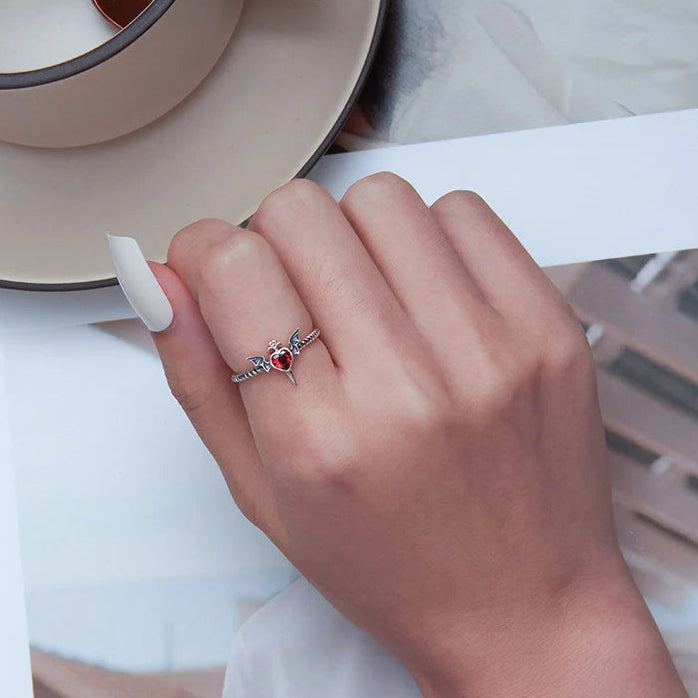 Gothic jewelry bat wings ring with black heart cz