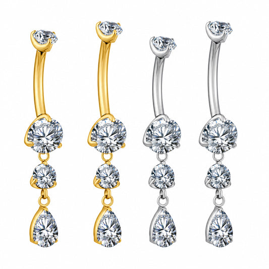 Gold and silver titanium teardrop CZ dangle belly button rings in two bar lengths