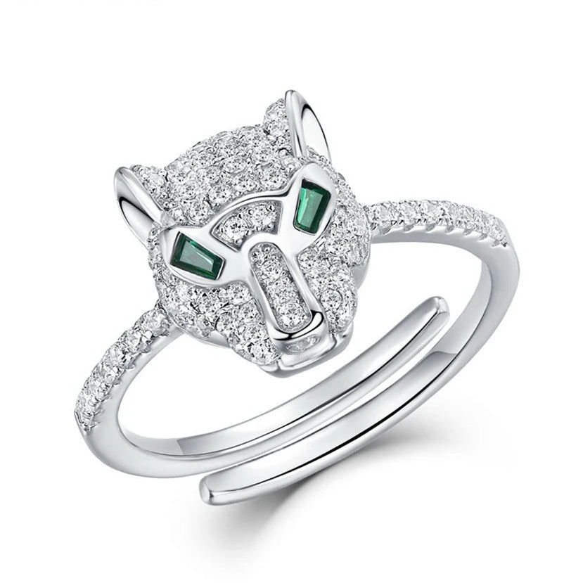Panther Ring Green Eyes 925 Sterling Silver Adjustable Band - GEMORM