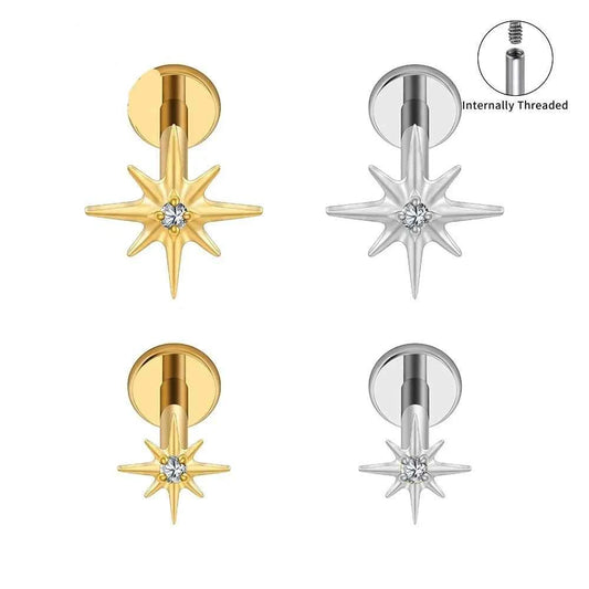 ASTM F136 Titanium CZ Starburst Flat Back Labret 16G Helix Tragus Conch Piercing