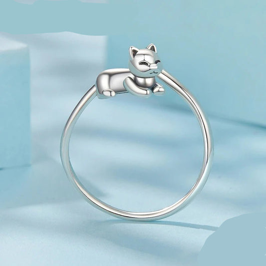 925 Sterling Silver Cat Ring Adjustable Rings for Women - GEMORM
