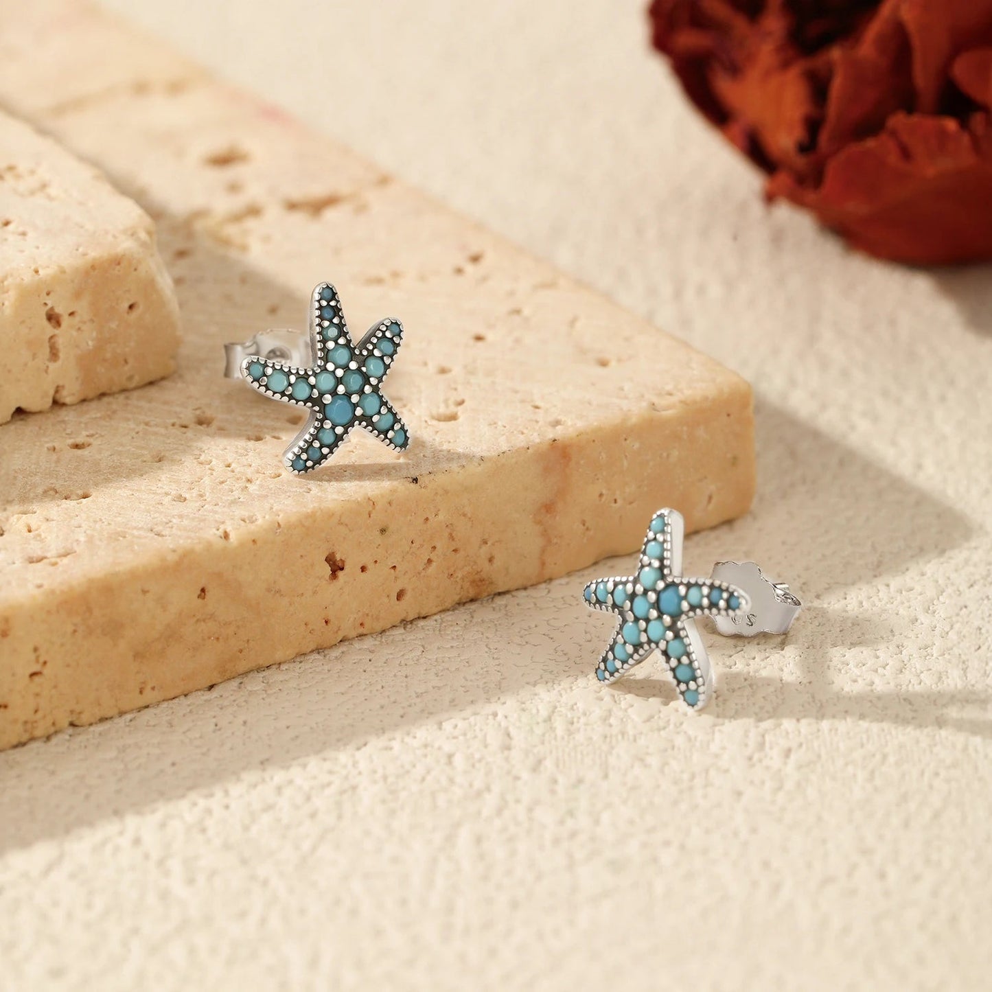 December birthstone turquoise starfish stud earrings for women vintage silver jewelry - GEMORM