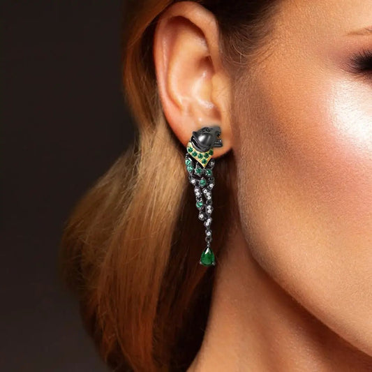 Leopard earrings in black rhodium with green spinel - GEMORM