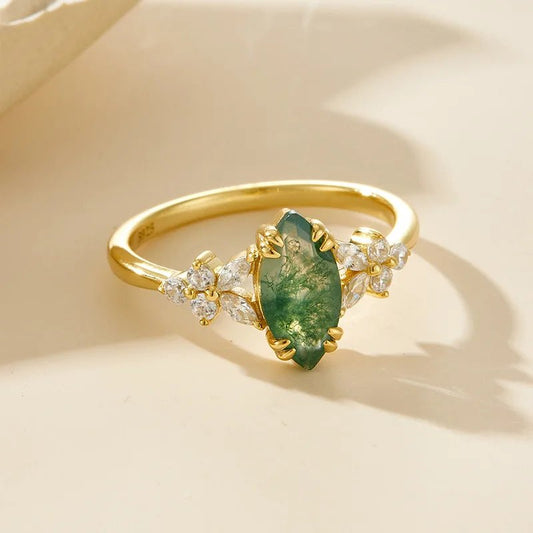 Moss agate ring gold plated 925 silver vintage cocktail jewelry for women