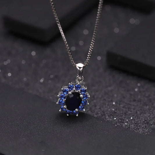 September birthstone blue sapphire necklace with vintage halo pendant - GEMORM