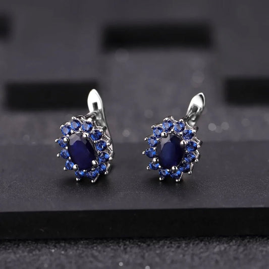 September birthstone blue sapphire stud earrings in sterling silver vintage halo style - GEMORM