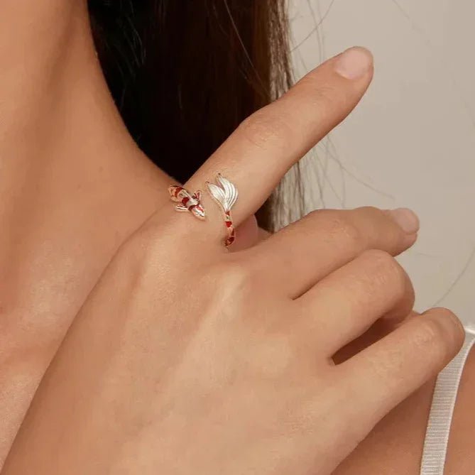 Sterling Silver Koi Fish Ring with Red Enamel Design - GEMORM