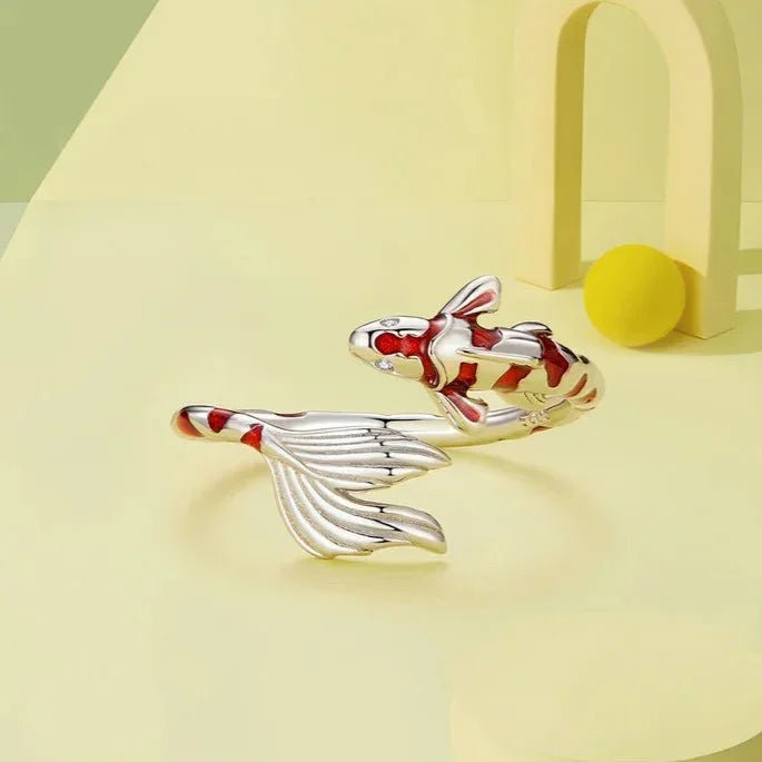 Sterling Silver Koi Fish Ring with Red Enamel Design - GEMORM