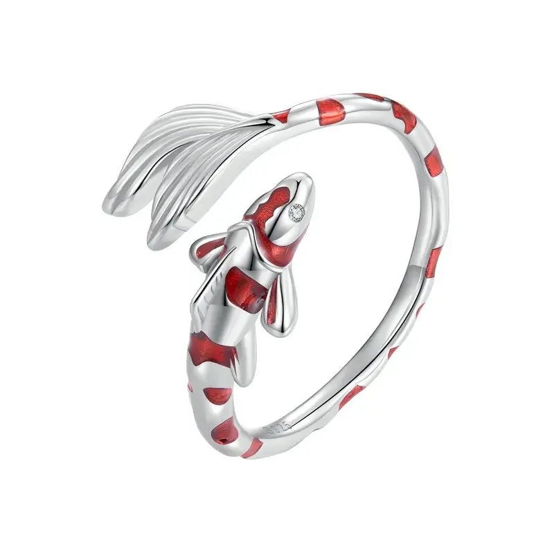 Sterling Silver Koi Fish Ring with Red Enamel Design - GEMORM
