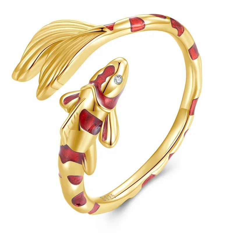 Sterling Silver Koi Fish Ring with Red Enamel Design - GEMORM