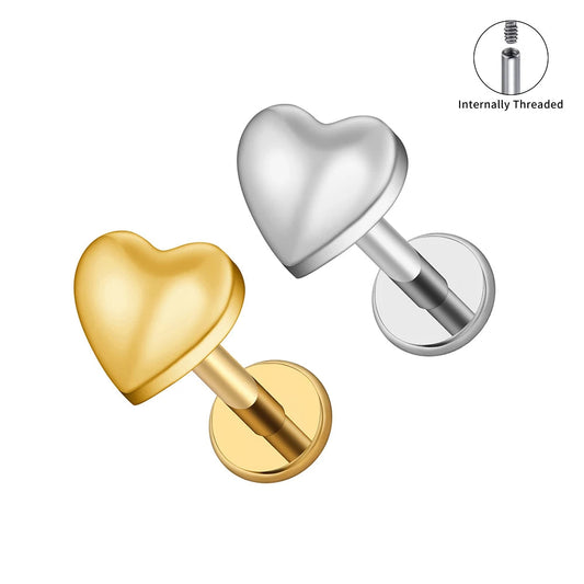 Gold and silver polished titanium heart flat back labret studs with internal threading
