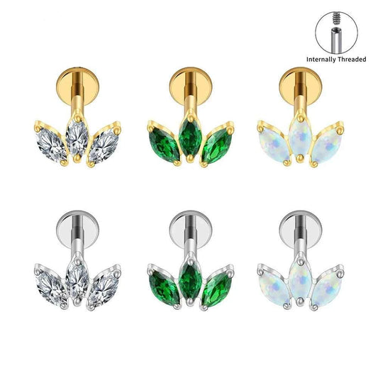Titanium Lotus Flat Back Stud 16G Marquise CZ Opal Helix Tragus Piercing