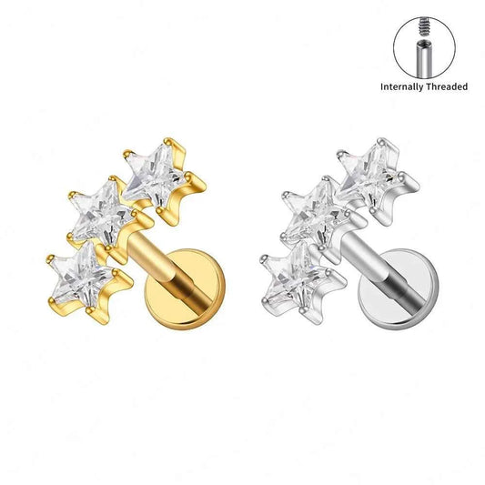 Titanium Triple Star Flat Back Stud 16G Helix Tragus Piercing