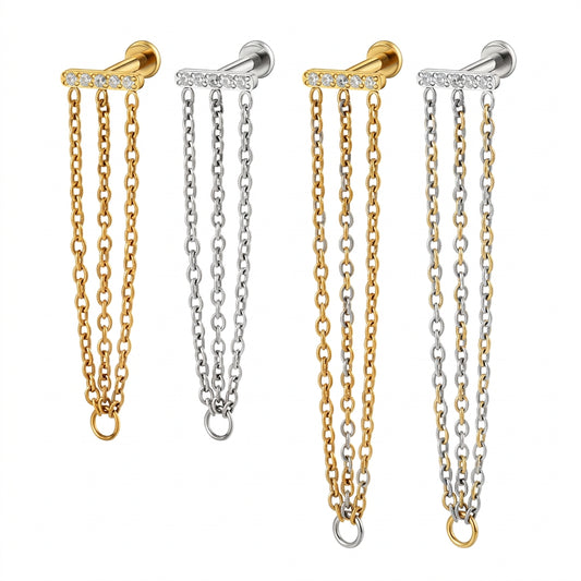 Titanium CZ conch and helix stud with three hanging chains