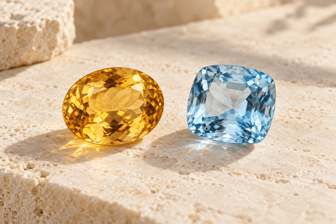 Illustration of yellow and blue faceted gemstones representing citrine and topaz; not GEMORM product photos.