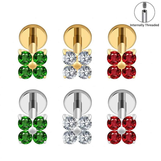 16G Titanium Four-Petal Flower CZ Flat Back Stud