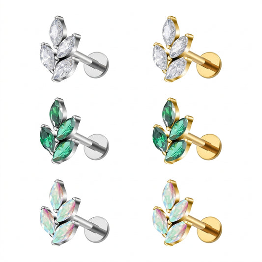 GEMORM 16G titanium marquise CZ leaf flat back labret stud
