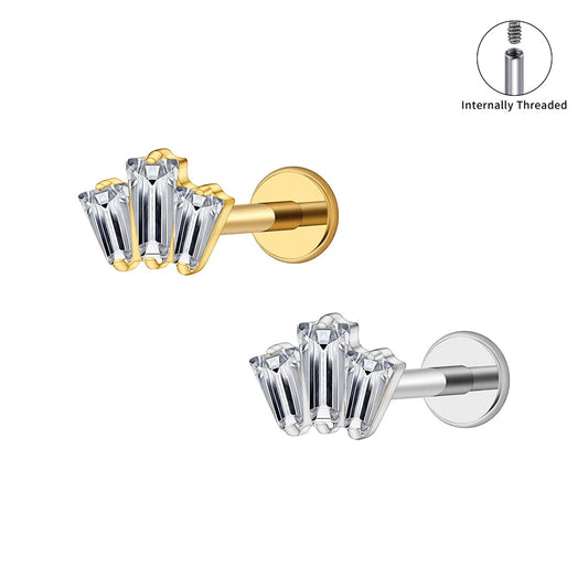 GEMORM 16G titanium triple baguette CZ crown flat back stud