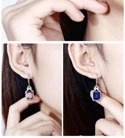 ATTAGEMS Ruby Real Sterling Silver Earring for Women Charming Style Created Sapphire 12 Carats Octagon Cut Wedding Jewelry Gifts