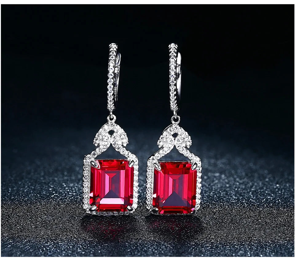 ATTAGEMS Ruby Real Sterling Silver Earring for Women Charming Style Created Sapphire 12 Carats Octagon Cut Wedding Jewelry Gifts