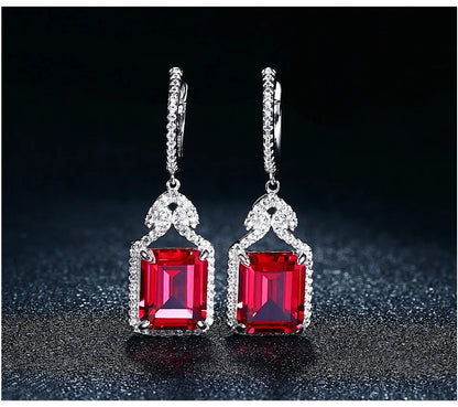 ATTAGEMS Ruby Real Sterling Silver Earring for Women Charming Style Created Sapphire 12 Carats Octagon Cut Wedding Jewelry Gifts
