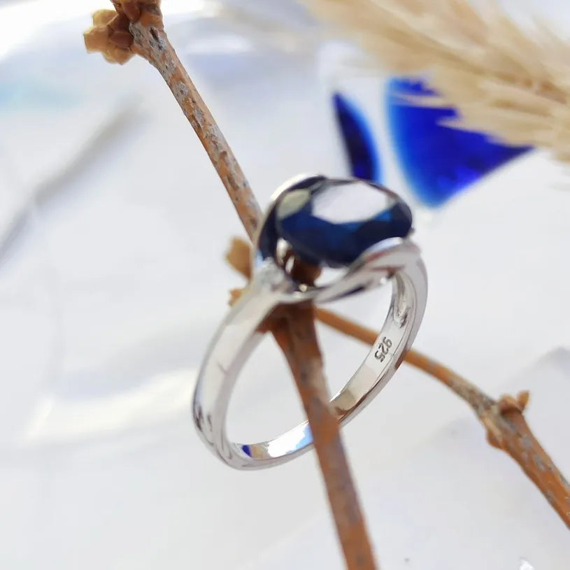 September birthstone blue sapphire ring oval natural sapphire for women