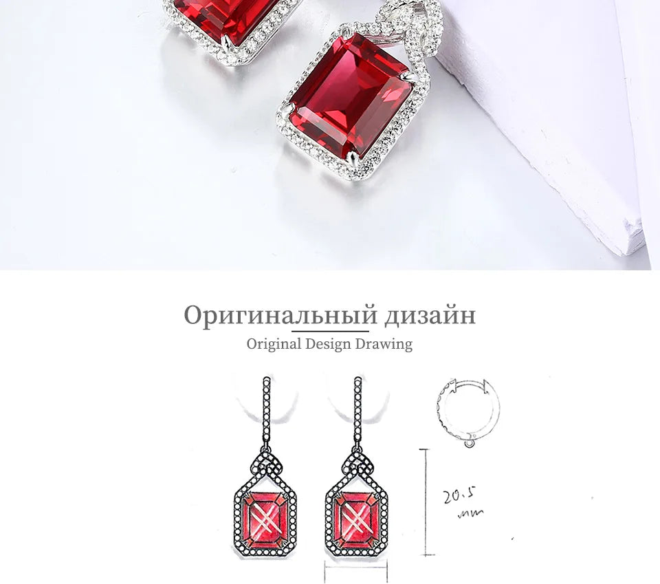 ATTAGEMS Ruby Real Sterling Silver Earring for Women Charming Style Created Sapphire 12 Carats Octagon Cut Wedding Jewelry Gifts