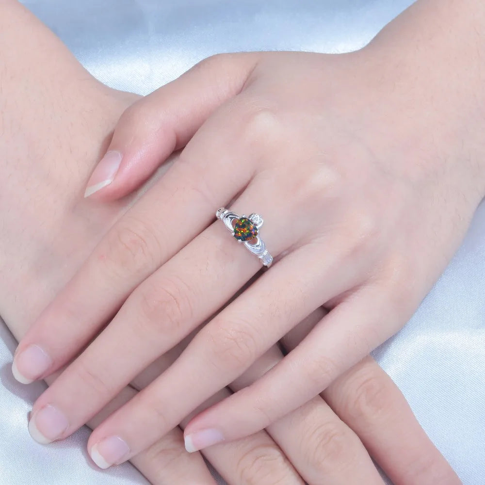 October birthstone opal heart claddagh ring in 925 sterling silver