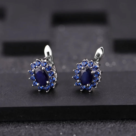 September birthstone blue sapphire stud earrings in sterling silver vintage halo style