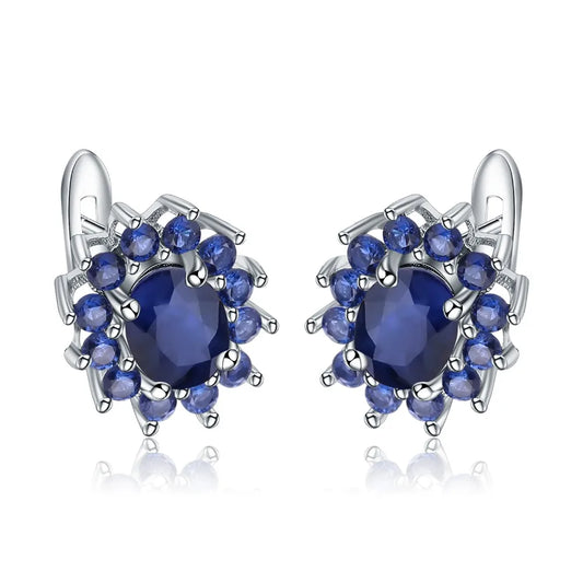 September birthstone blue sapphire stud earrings in sterling silver vintage halo style