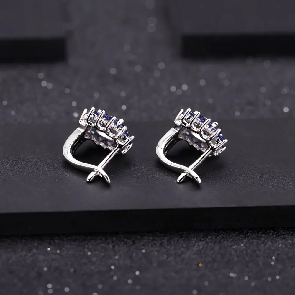 September birthstone blue sapphire stud earrings in sterling silver vintage halo style