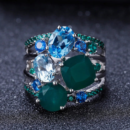 Blue topaz jewelry 925 sterling silver stack ring with green agate - GEMORM