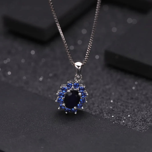 September birthstone blue sapphire necklace with vintage halo pendant