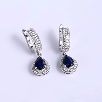 September birthstone sapphire drop earrings vintage halo design