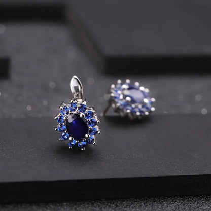 September birthstone blue sapphire stud earrings in sterling silver vintage halo style