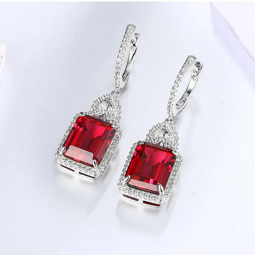 ATTAGEMS Ruby Real Sterling Silver Earring for Women Charming Style Created Sapphire 12 Carats Octagon Cut Wedding Jewelry Gifts