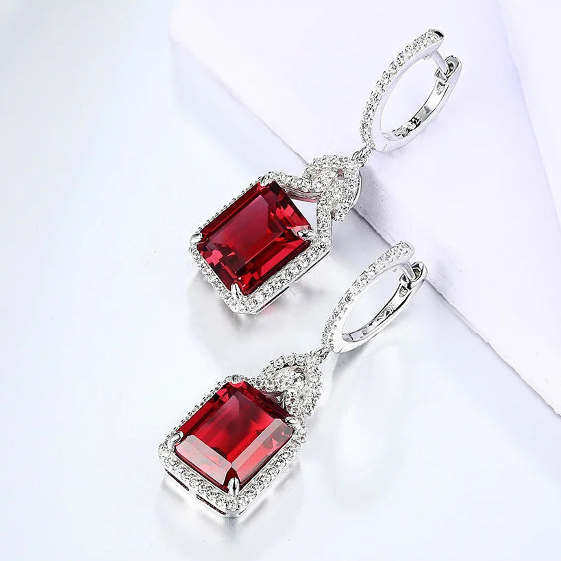 ATTAGEMS Ruby Real Sterling Silver Earring for Women Charming Style Created Sapphire 12 Carats Octagon Cut Wedding Jewelry Gifts