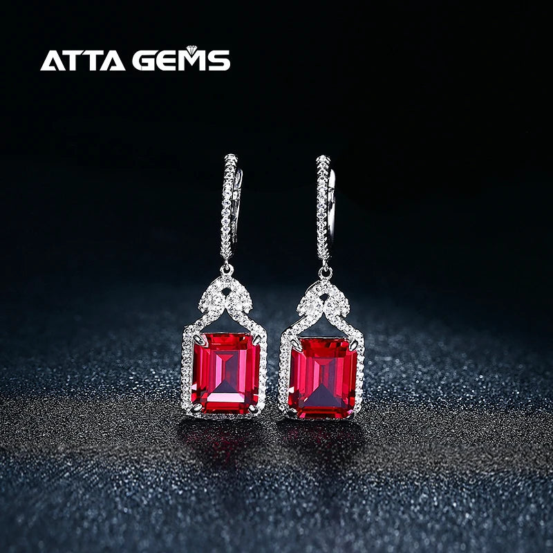 ATTAGEMS Ruby Real Sterling Silver Earring for Women Charming Style Created Sapphire 12 Carats Octagon Cut Wedding Jewelry Gifts