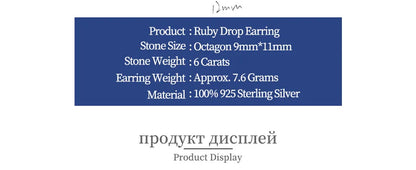 ATTAGEMS Ruby Real Sterling Silver Earring for Women Charming Style Created Sapphire 12 Carats Octagon Cut Wedding Jewelry Gifts