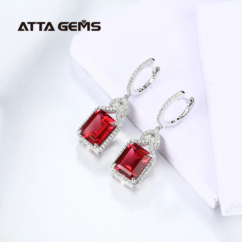 ATTAGEMS Ruby Real Sterling Silver Earring for Women Charming Style Created Sapphire 12 Carats Octagon Cut Wedding Jewelry Gifts