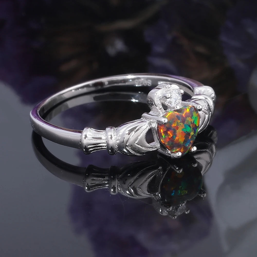 October birthstone opal heart claddagh ring in 925 sterling silver