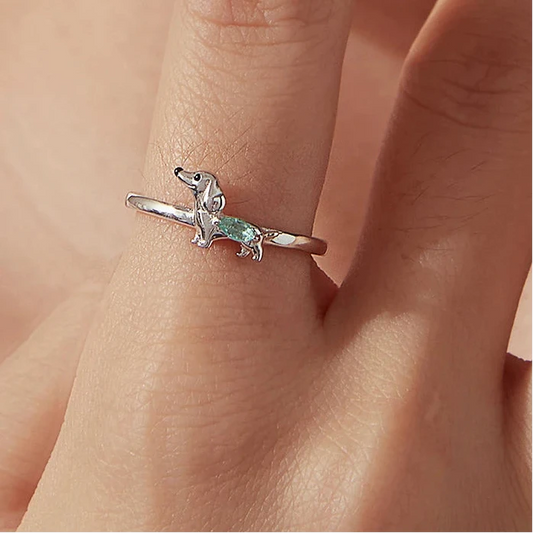 925 Sterling Silver Dachshund Adjustable Ring with Aqua Stone