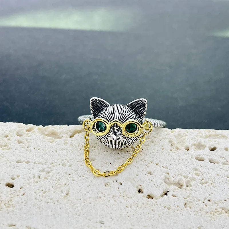 Cat eyeglasses adjustable ring with glass eyes