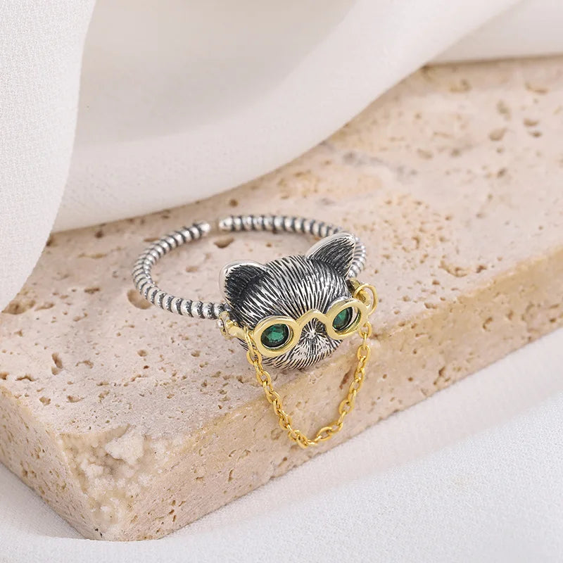 Cat eyeglasses adjustable ring with glass eyes