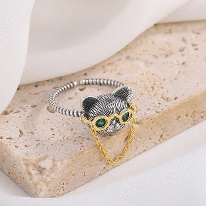Cat eyeglasses adjustable ring with glass eyes
